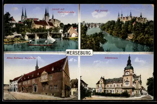 AK Merseburg, Schloss mit Wasserlossbrücke, Altes Rathaus, Ständehaus