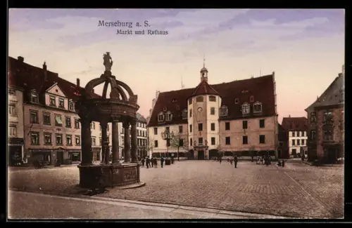 AK Merseburg a. S., Markt und Rathaus, mit Brunnen