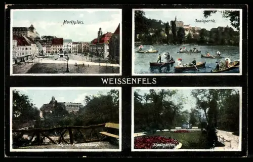 AK Weissenfels, Marktplatz, Saalpartie, Schloss Augustusburg, Stadtgarten