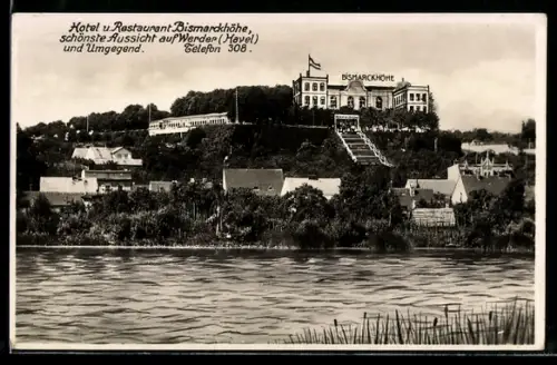 AK Werder /Havel, Hotel und Restaurant Bismarckhöhe, vom Wasser gesehen