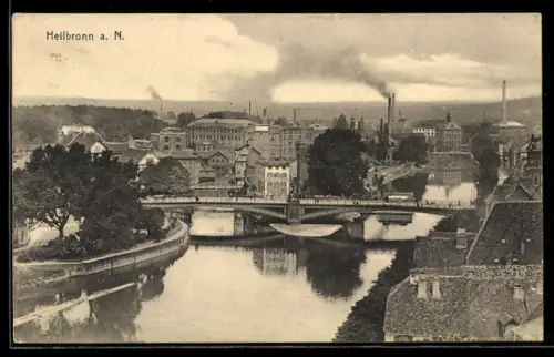 AK Heilbronn a. N., Flusspartie und Brücke mit Industrieansicht aus der Vogelschau, Ufer-Anlage