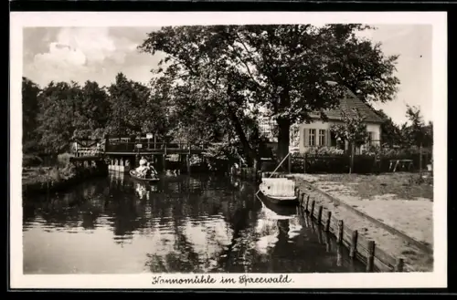 AK Neu-Zauche /Spreewald, Gasthof Kannomühle, Brücke, Kähne
