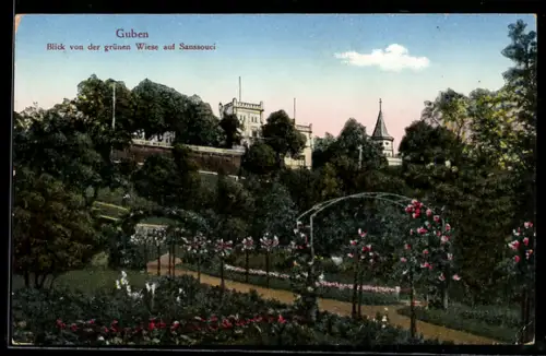 AK Guben, Blick von der grünen Wiese auf Sanssouci
