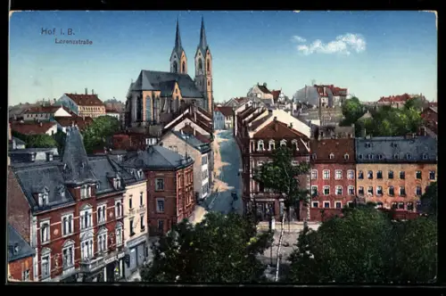 AK Hof i. B., Lorenzstrasse mit Kirche aus der Vogelschau