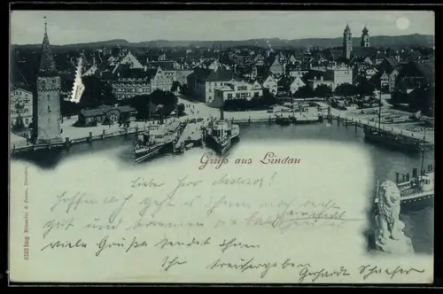 Mondschein-AK Lindau, Hafen u. Ort aus der Vogelschau