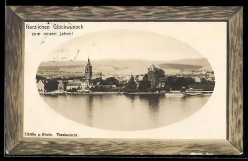 AK Eltville a. Rhein, Totalansicht vom Wasser, Rahmen, Neujahrsgruss