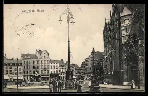 AK Aachen, Markt mit Brunnen, Teilansicht Dom