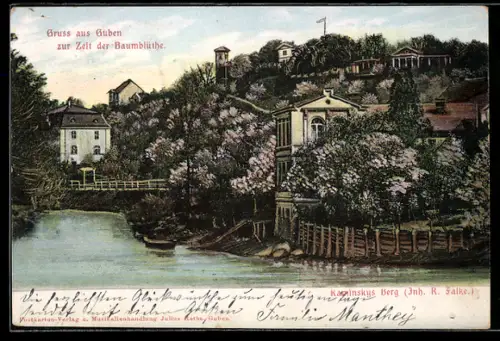 AK Guben, Gasthof Kaminskys Berg R. Salke, Ortspartie, Baumblüte, Flussufer