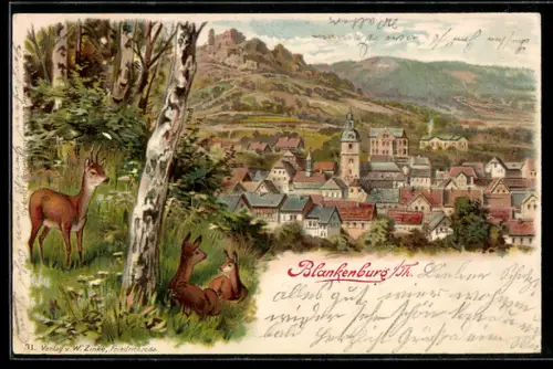 Lithographie Blankenburg /Thür., Ortsansicht mit Schloss, Rehe im Vordergrund