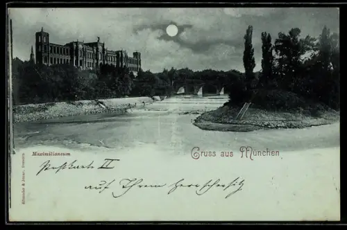 Mondschein-AK München, Maximilianeum, Isarpartie mit Wehr u. Brücke