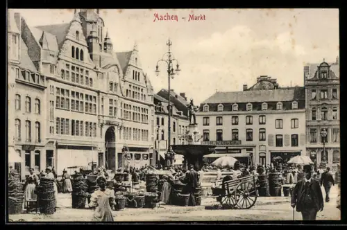 AK Aachen, Markt mit Brunnen, Marktbetrieb