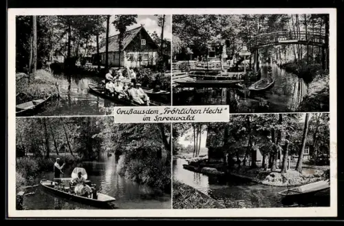 AK Lehde /Spreewald, Gasthaus Fröhlicher Hecht, Kähne, Brücke