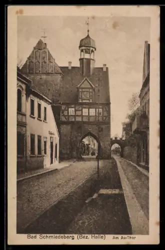 AK Bad Schmiedeberg /Bez. Halle, Strassenpartie am Au-Tor mit Geschäft