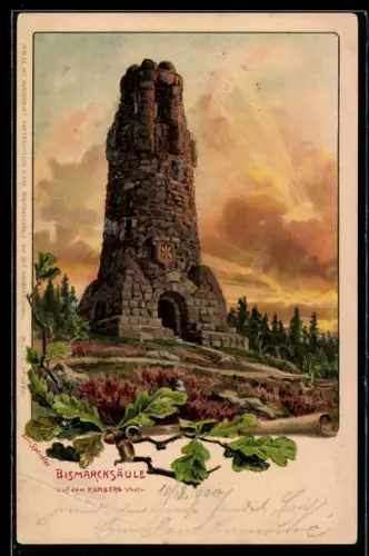 Künstler-AK Erwin Spindler: Kuhberg i. Vogtl., Bismarcksäule im Abendlicht