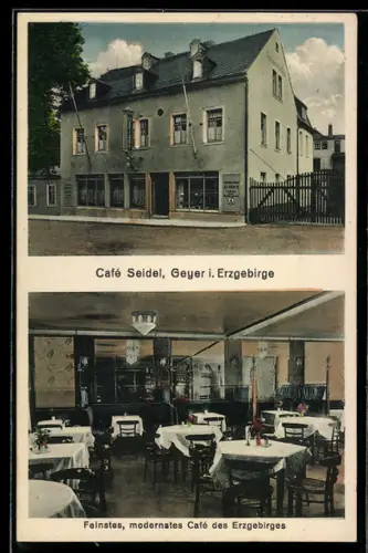 AK Geyer i. Erzgeb., Cafe Seidel, Innen- und Aussenansicht