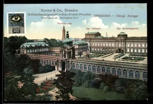 AK Dresden, Intern. Hygiene-Ausstellung, Königl. Zwinger, Fernheizwerk, Kgl. Hofoper, Kgl. Gemäldegalerie