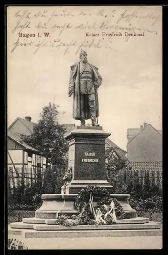 AK Hagen i. W., Partie am Kaiser Friedrich-Denkmal mit Pickelhaube