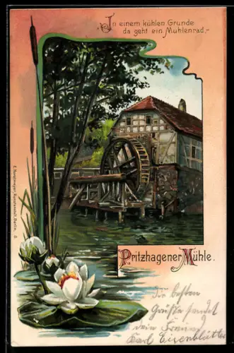 Lithographie Pritzhagen, Pritzhagener Mühle am Fluss