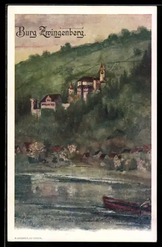 Künstler-AK Zwingenberg, Burg Zwingenberg mit Boot