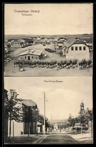 AK Ohrdruf, Truppenlager, Teilansicht mit Soldaten, Fürst-Reuss-Strasse