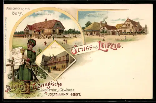 Lithographie Leipzig, Sächsisch-Thüringische Industrie u. Gewerbe Ausstellung 1897, Gemeindehaus, Schmiede