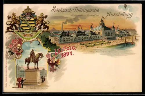 Lithographie Leipzig, Sächsische-Thüringische Industrie-u. Gewerbe-Ausstellung 1897, Reiterstandbild von König Albert
