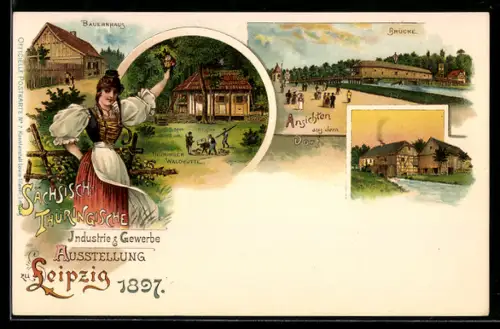 Lithographie Leipzig, sächsisch-thüringische Industrie & Gewerbe Ausstellung 1897, Ansichten aus dem Dorf, Brücke