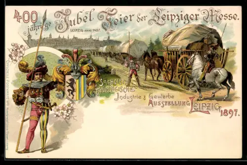Lithographie Leipzig, Sächs.-Thür. Industrie- und Gewerbe-Ausstellung 1897, Ritter, Pferdewagen am Stadtrand 1497