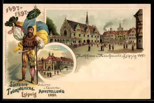 Lithographie Leipzig, Industrie- und Gewerbeausstellung 1897, Rathaus und Naschmarkt