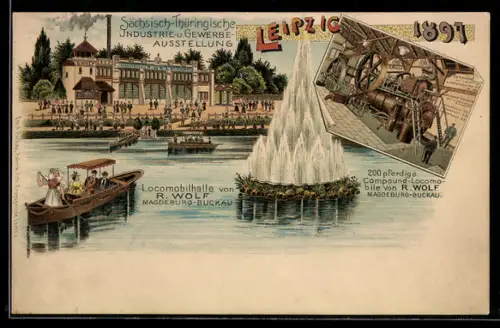 Lithographie Leipzig, Industrie- und Gewerbeausstellung 1897, Locomobilhalle von R. Wolf