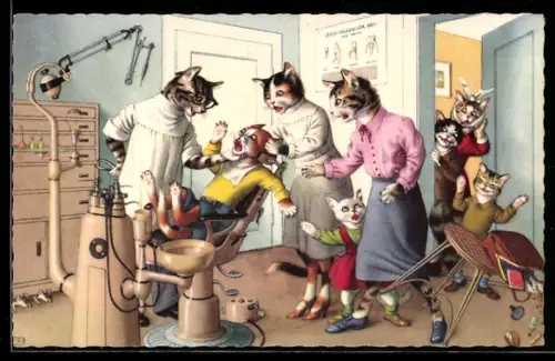 Künstler-AK vermenschlichte Katzen voller Furcht beim Zahnarzt