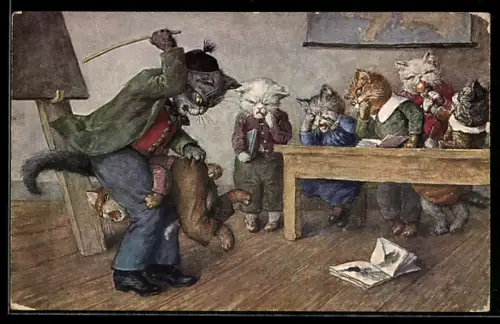 AK Strenge Zucht, Vermenschlichter Katzenlehrer verprügelt mit Rohrstock eine kleine Katzen, andere halten die Augen zu