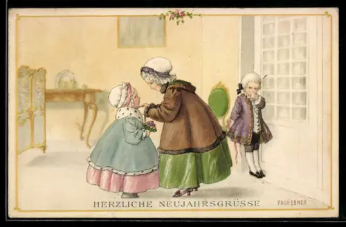 Künstler-AK Pauli Ebner: Herzliche Neujahrsgrüsse, Kind zieht anderem Kind die Mütze an