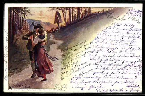 Künstler-AK E. Döcker: ein Liebespaar in Tracht küsst sich am Flurkreuz