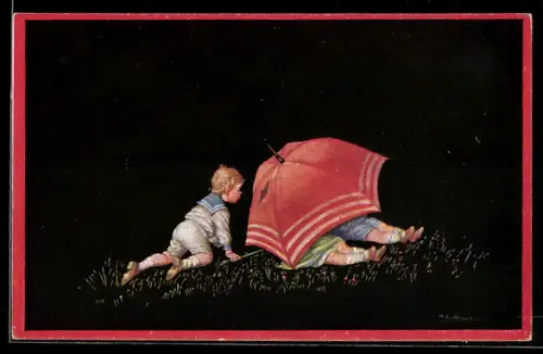 Künstler-AK Wally Fialkowska: Bube beobachtet ein Kinderpaar unter dem Regenschirm