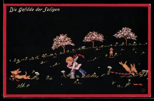 Künstler-AK Wohlgemuth & Lissner, Primus-Postkarte No. 1132, Hunde mit geklauten Würstchen