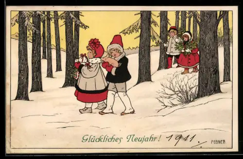 Künstler-AK Pauli Ebner: Glückliches Neujahr!, Kinder mit Geschenken im Schnee