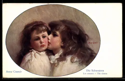 Künstler-AK sign. Anna Cramer: Die Schwestern, Les soeurs, The sisters, Mädchen küsst ihre Schwester auf die Wange