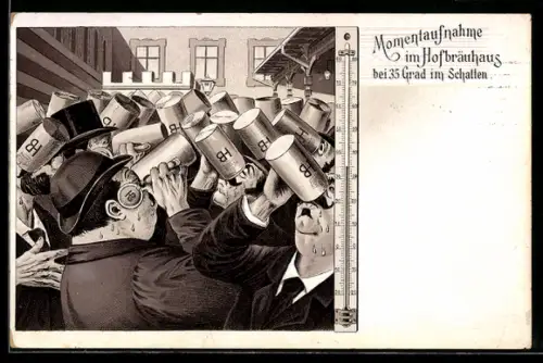 Lithographie München, Momentaufnahme im Hofbräuhaus bei 35° im Schatten, Zecher mit Masskrügen