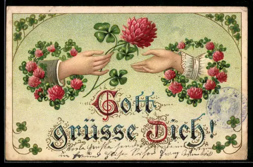 Künstler-AK Sinnspruch, Gott grüsse Dich!, Kleeblüte aus echtem Stoff