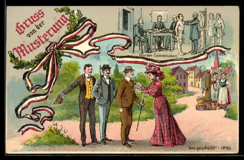 AK Gruss von der Musterung, Untersuchung vor der Commission, Frauen am Brunnen