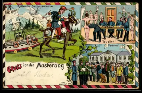 AK Gruss von der Musterung, Reiter zieht Kriegsschiff mit Verpflegung, Tauglichkeitsprüfung, Verlesung der Namen