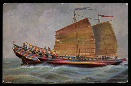 Künstler-AK Chr. Rave: Transportboot mit Mattensegeln von den Philippinen
