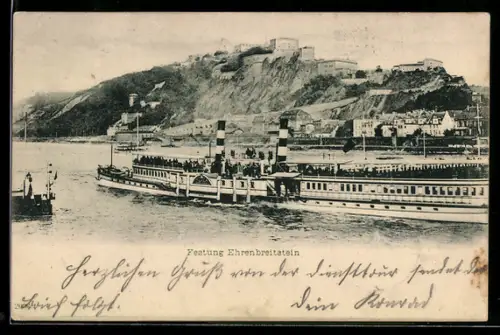 AK Ehrenbreitstein, Festung Ehrenbreitstein und Dampfschiff, Panorama