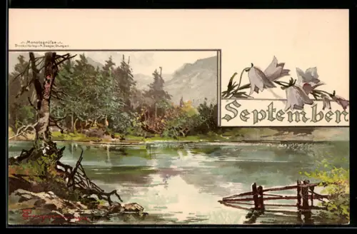 Künstler-AK Theodor Guggenberger: September, idyllische Szene an einem Waldsee, Allegorie