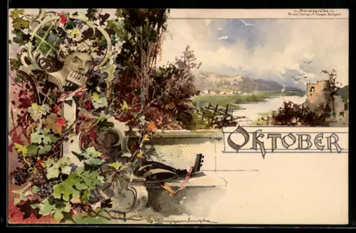 Künstler-Lithographie Theodor Guggenberger: Oktober, Landidyll