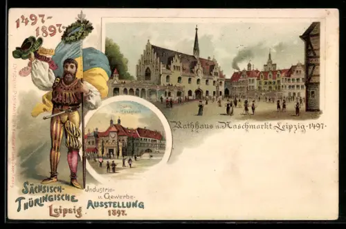 Lithographie Leipzig, Industrie- und Gewerbeausstellung 1897, Rathaus und Naschmarkt