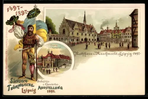 Lithographie Leipzig, Industrie- und Gewerbeausstellung 1897, Rathaus und Naschmarkt