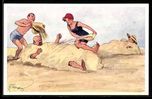 Künstler-AK Fritz Schönpflug: Paar vergräbt Mann im Sand