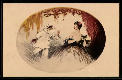 Künstler-AK J. Hardy: Harlekin hat Blumen für die junge Dame hinterm Rücken